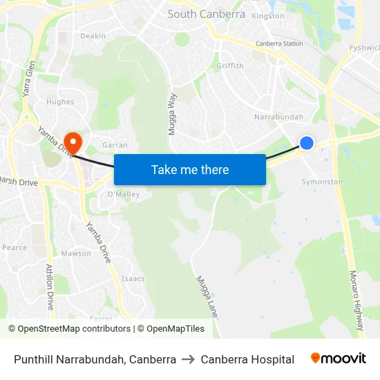 Punthill Narrabundah, Canberra to Canberra Hospital map