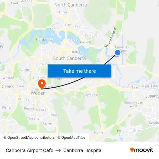 Canberra Airport Cafe to Canberra Hospital map