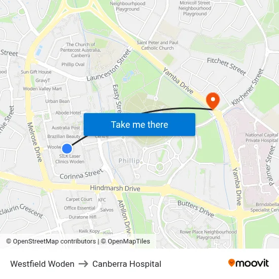 Westfield Woden to Canberra Hospital map