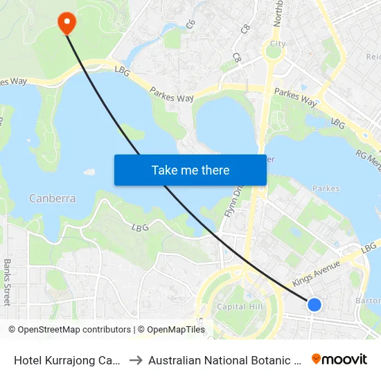 Hotel Kurrajong Canberra to Australian National Botanic Gardens map