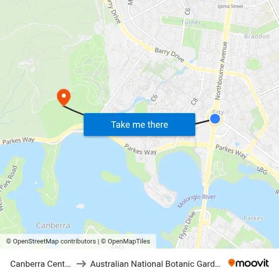 Canberra Central to Australian National Botanic Gardens map