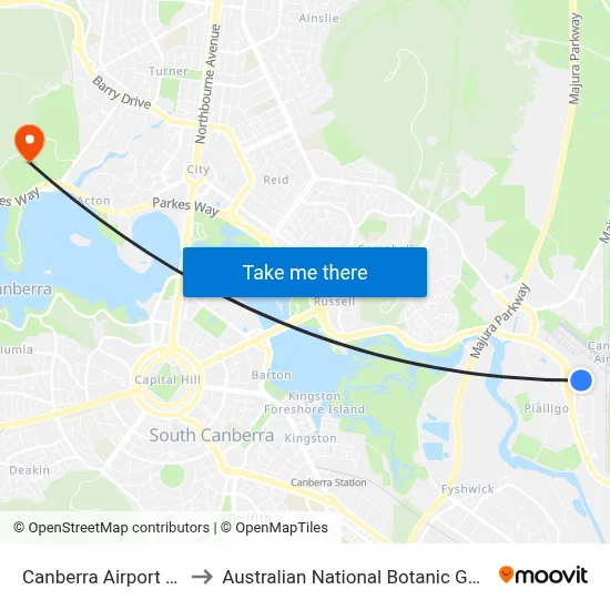 Canberra Airport Cafe to Australian National Botanic Gardens map