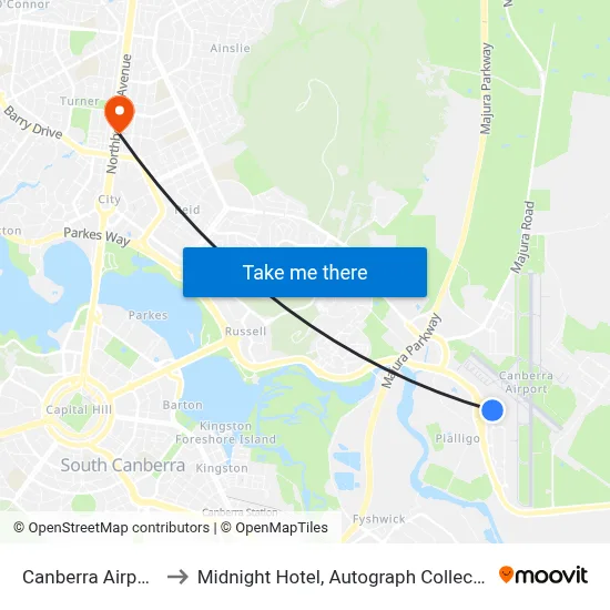 Canberra Airport Cafe to Midnight Hotel, Autograph Collection, Canberra map