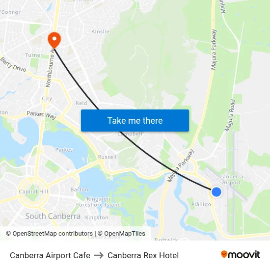 Canberra Airport Cafe to Canberra Rex Hotel map