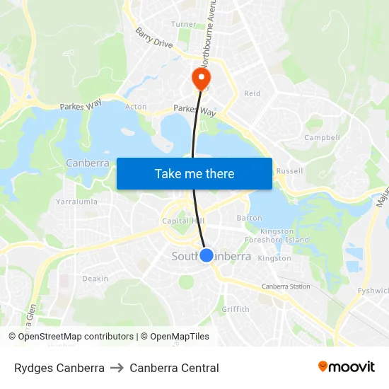 Rydges Canberra to Canberra Central map