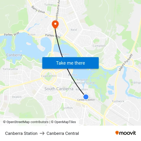 Canberra Station to Canberra Central map