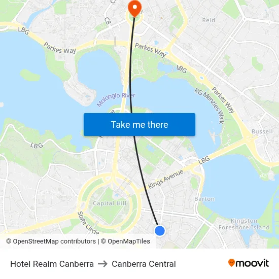 Hotel Realm Canberra to Canberra Central map