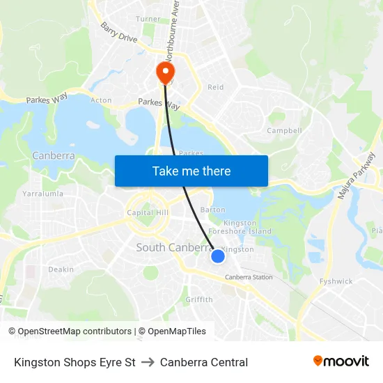 Kingston Shops Eyre St to Canberra Central map