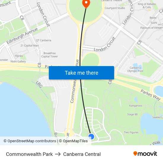 Commonwealth Park to Canberra Central map