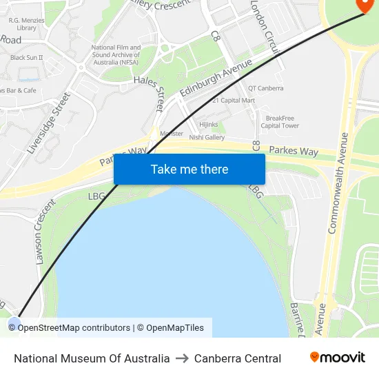 National Museum Of Australia to Canberra Central map