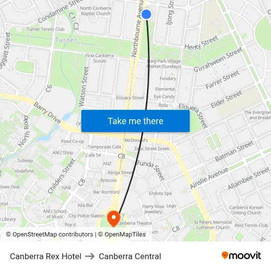 Canberra Rex Hotel to Canberra Central map