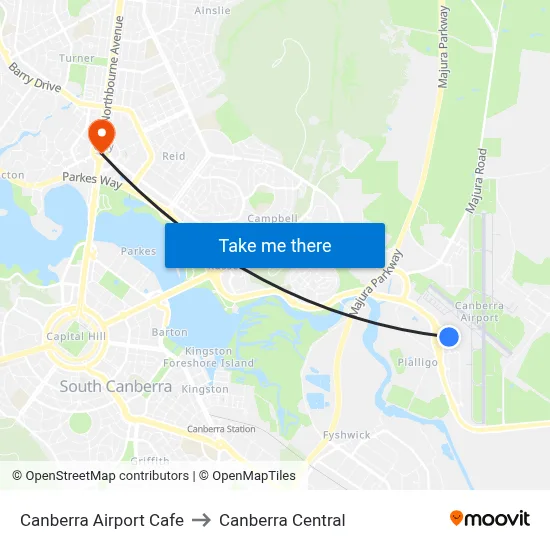 Canberra Airport Cafe to Canberra Central map