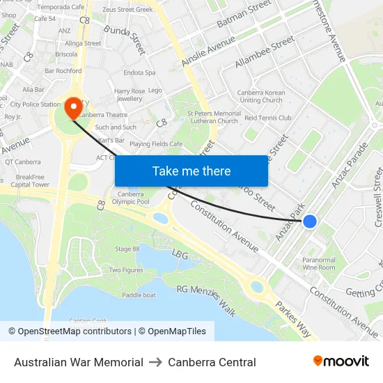 Australian War Memorial to Canberra Central map