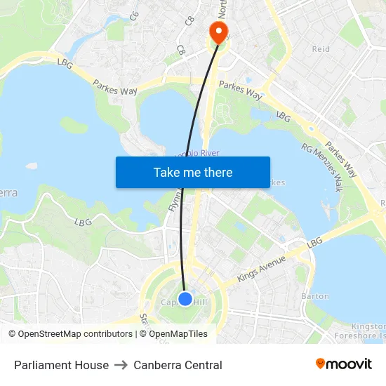 Parliament House to Canberra Central map