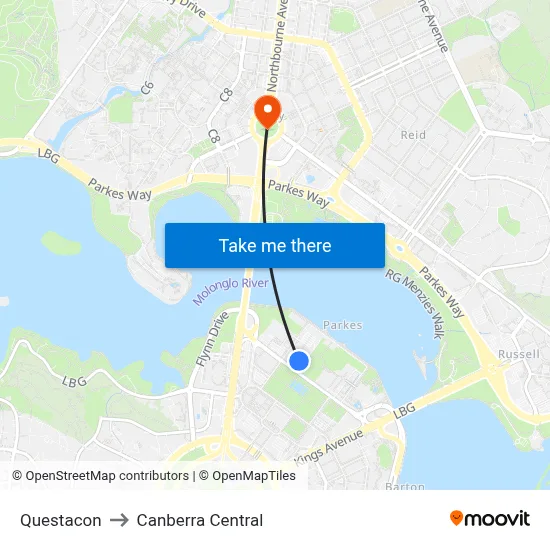 Questacon to Canberra Central map
