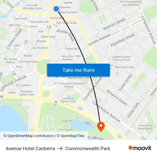 Avenue Hotel Canberra to Commonwealth Park map