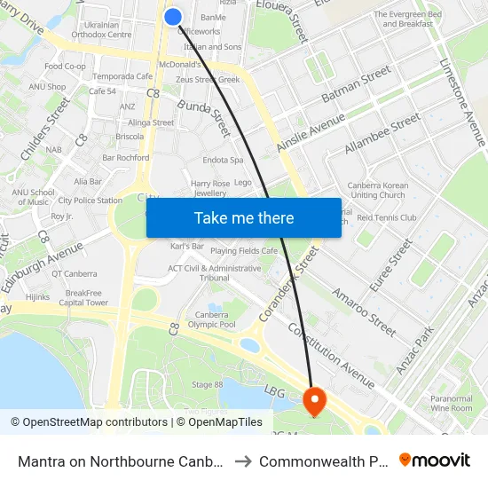 Mantra on Northbourne Canberra to Commonwealth Park map