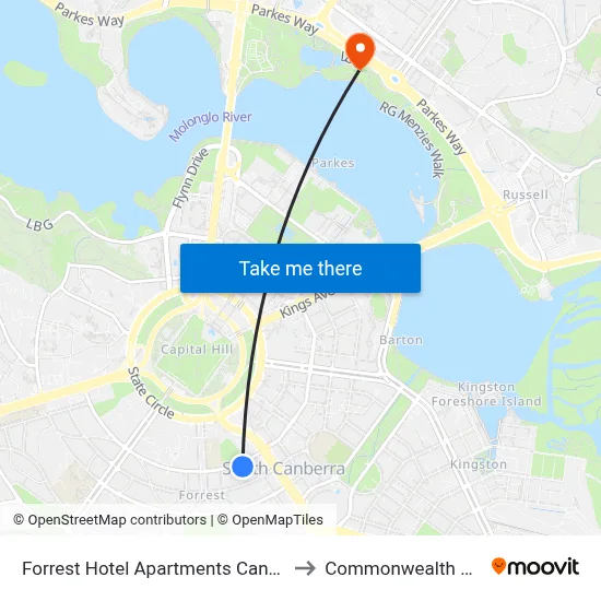 Forrest Hotel Apartments Canberra to Commonwealth Park map