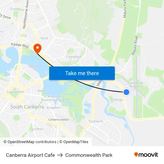Canberra Airport Cafe to Commonwealth Park map