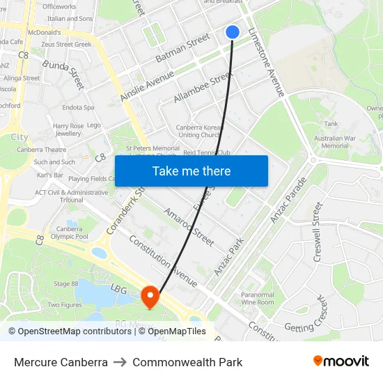 Mercure Canberra to Commonwealth Park map