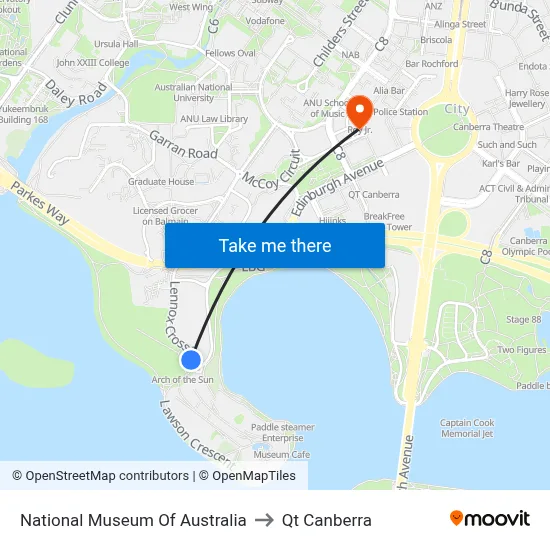 National Museum Of Australia to Qt Canberra map