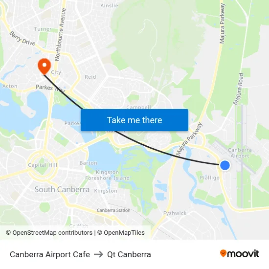 Canberra Airport Cafe to Qt Canberra map