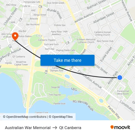 Australian War Memorial to Qt Canberra map
