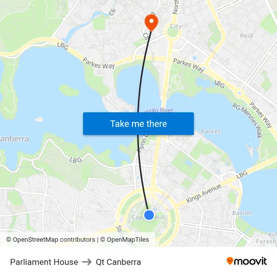 Parliament House to Qt Canberra map