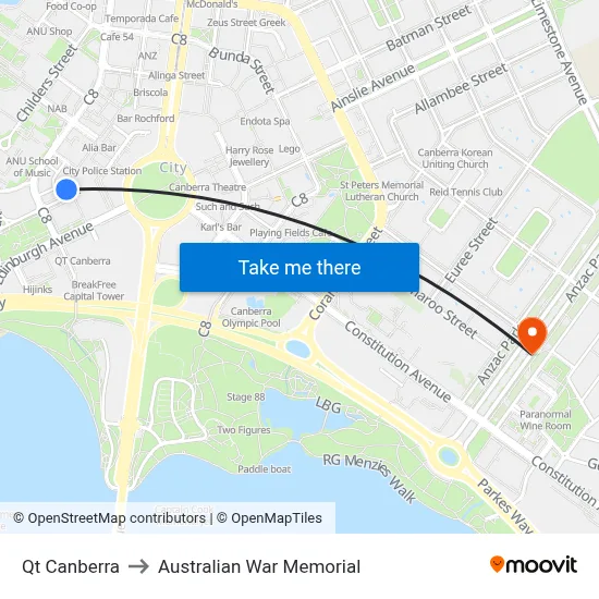 Qt Canberra to Australian War Memorial map