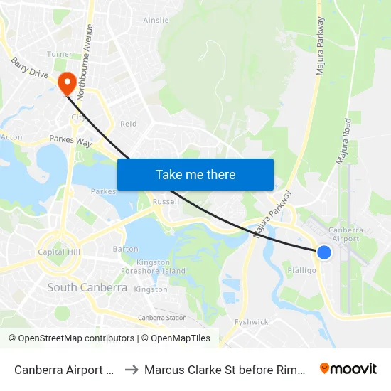 Canberra Airport Cafe to Marcus Clarke St before Rimmer St map