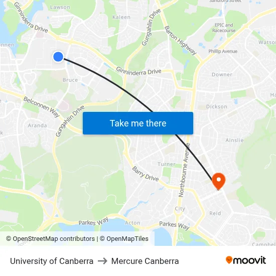University of Canberra to Mercure Canberra map