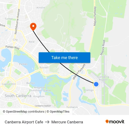 Canberra Airport Cafe to Mercure Canberra map