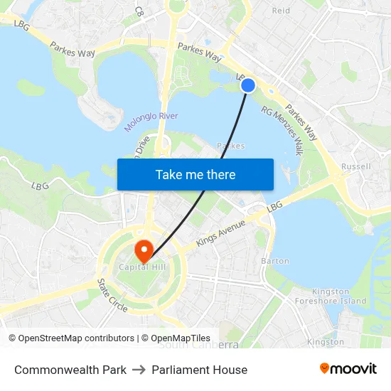 Commonwealth Park to Parliament House map