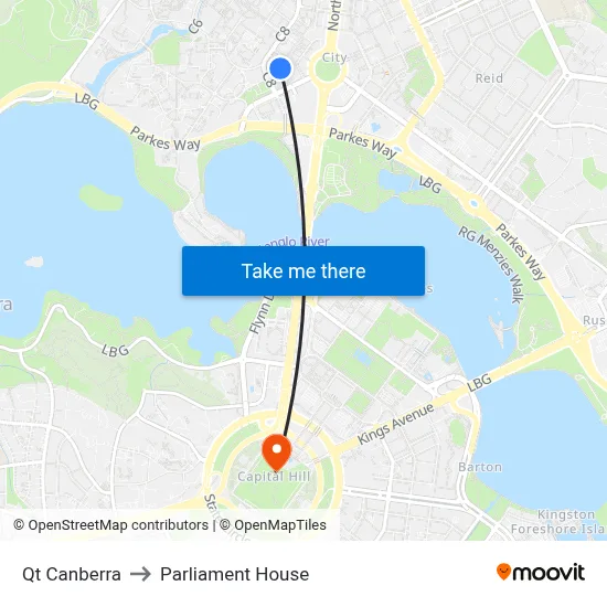 Qt Canberra to Parliament House map