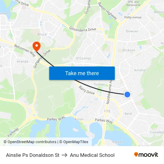 Ainslie Ps Donaldson St to Anu Medical School map