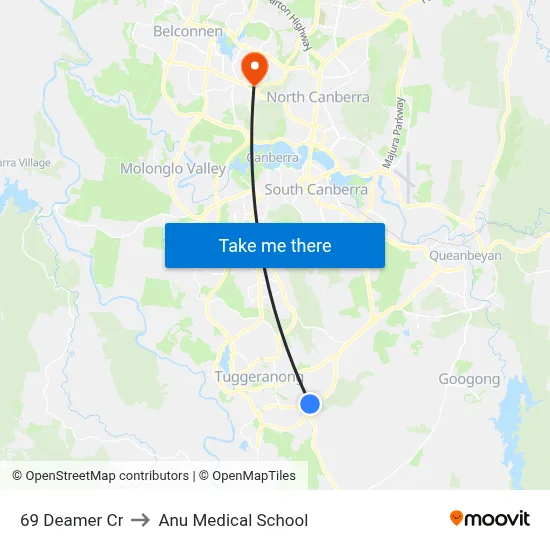 69 Deamer Cr to Anu Medical School map