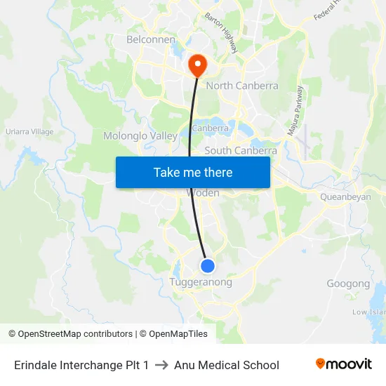 Erindale Interchange Plt 1 to Anu Medical School map