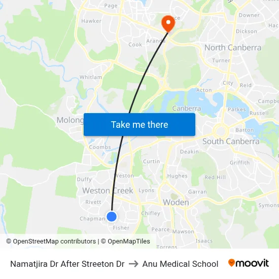 Namatjira Dr After Streeton Dr to Anu Medical School map