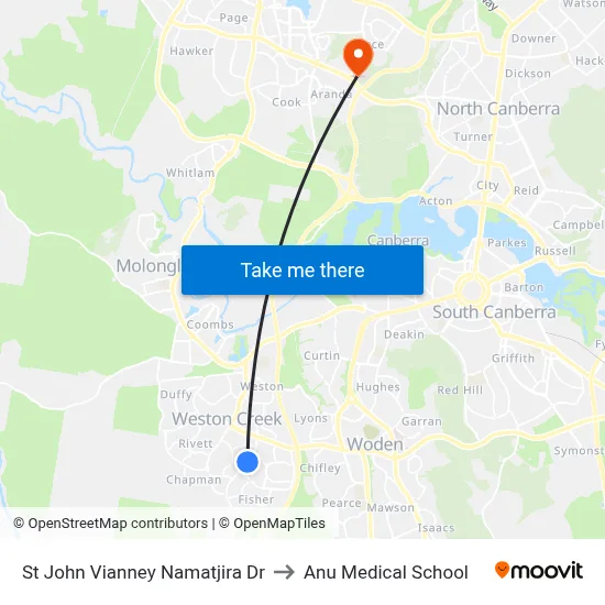 St John Vianney Namatjira Dr to Anu Medical School map