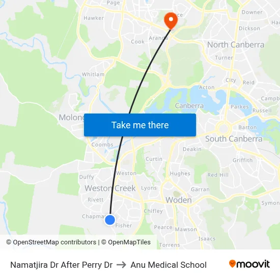 Namatjira Dr After Perry Dr to Anu Medical School map