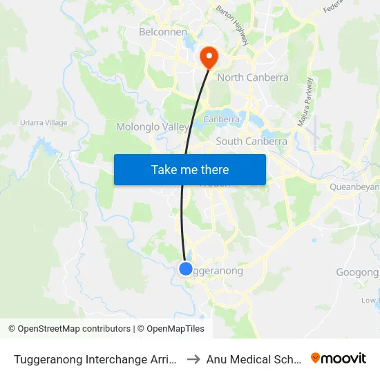 Tuggeranong Interchange Arrivals to Anu Medical School map