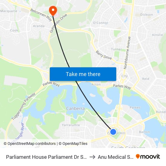 Parliament House Parliament Dr Southbound to Anu Medical School map