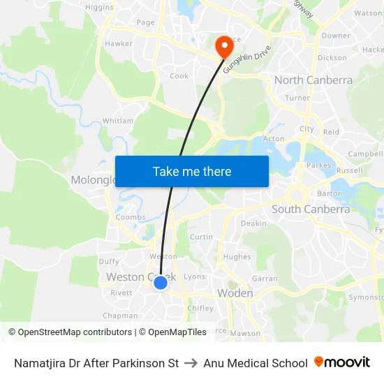 Namatjira Dr After Parkinson St to Anu Medical School map