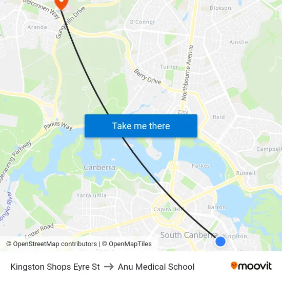 Kingston Shops Eyre St to Anu Medical School map