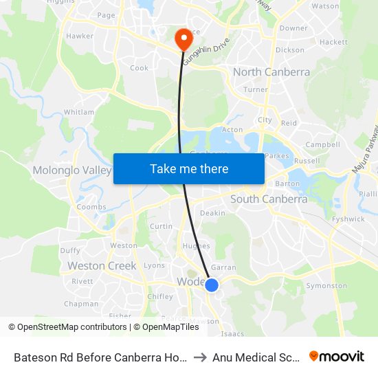 Bateson Rd Before Canberra Hospital to Anu Medical School map