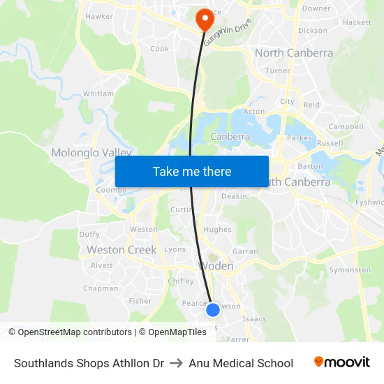 Southlands Shops Athllon Dr to Anu Medical School map
