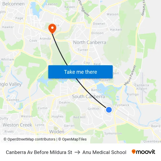 Canberra Av Before Mildura St to Anu Medical School map