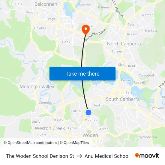 The Woden School Denison St to Anu Medical School map