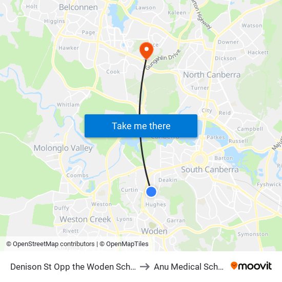 Denison St Opp the Woden School to Anu Medical School map