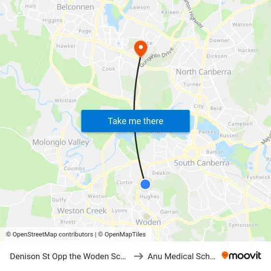 Denison St Opp the Woden School to Anu Medical School map